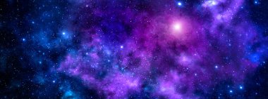 Mor nebula ve parlayan yıldızlarla dolu kozmik bir arka plan.