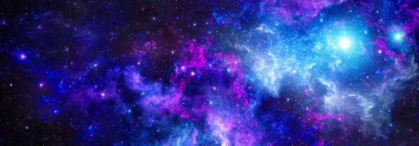 Cosmic background with a purple giant nebula and the glitter of stars in deep space