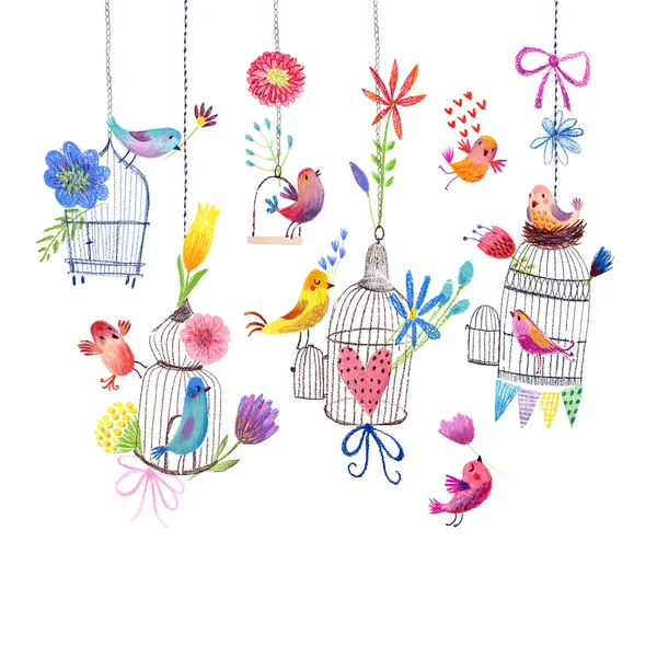 Cute card with birds and flowers