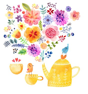 Cute tea time card watercolor painting