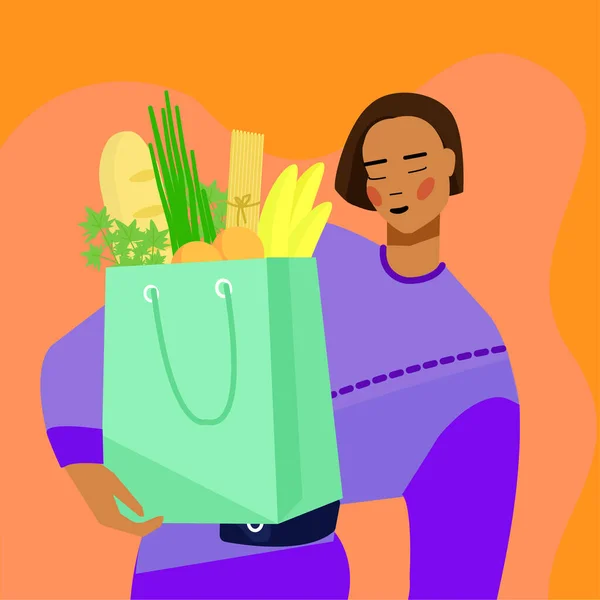 Chica comprando comestibles en bolsas de papel. .. Ilustración vectorial — Vector de stock
