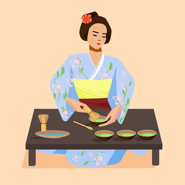 Japanse matcha thee. Japanse ceremonie met Matcha. Eastern Girl vrouw pres thee. Handen met theevoorwerpen. — Stockvector