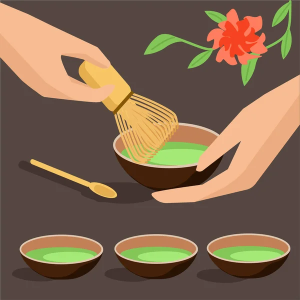 Chá verde Matcha. Cerimónia do chá. Arte plana. Ilustração vetorial — Vetor de Stock