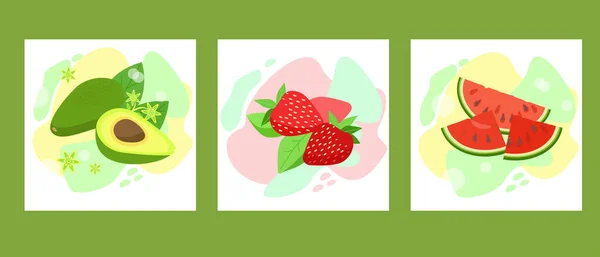 Sätt frukt för en hälsosam kost. Färska vitaminer avokado jordgubbsvattenmelon. — Stock vektor
