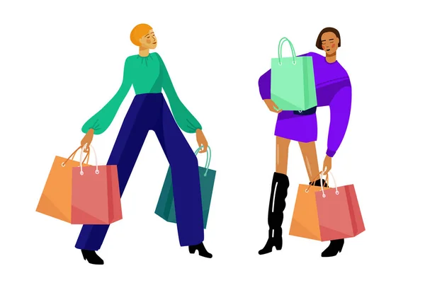 Conjunto de chicas de compras urbanas. Chicas de moda con bolsas de compras. Dos personas.. — Vector de stock