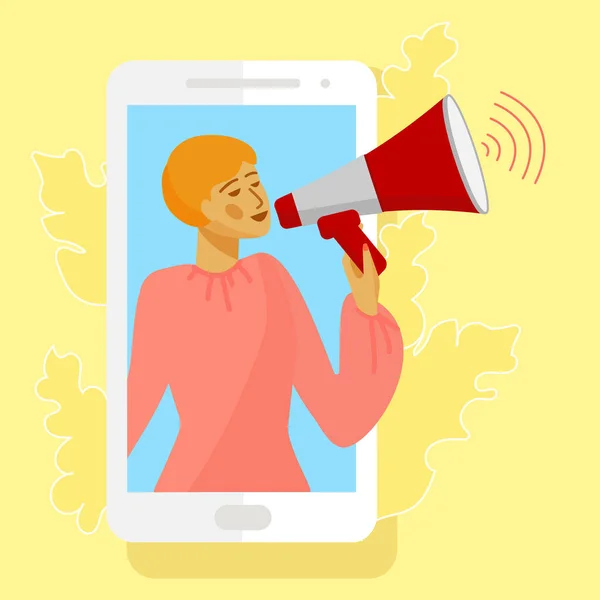 Vrouw in smartphone scherm. Vrouw met luidspreker of megafoon. Vector illustratie in platte stijl. — Stockvector