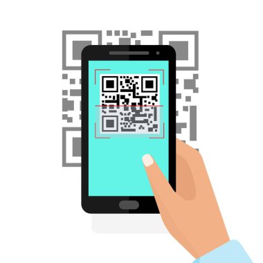 QR kodunu telefondan tara. Düz vektör bilgisi.
