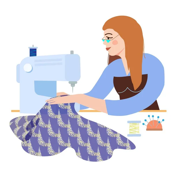 Fashionable girl seamstress dressmaker sews a stylish dress on a sewing machine. Vector illustration — Vetor de Stock