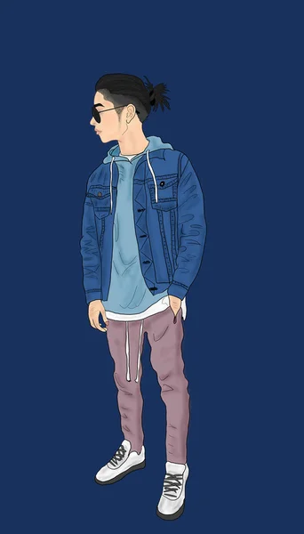 卡通人物 穿着时尚服装 斜纹棉布衬衫 侧面脸 十几岁的男孩 蓝色调 — 图库照片