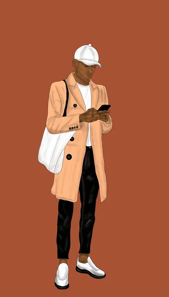 Portrét Muž Afroameričan Stojící Hrající Mobilní Telefon Nesoucí Bílou Tašku — Stock fotografie