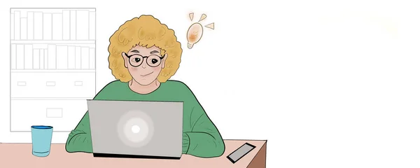 Dibujos Animados Mujer Sentado Trabajo Con Ordenador Portátil Habitación Dentro —  Fotos de Stock