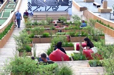 SAINT PETERSBURG, Russia-June 11, 2021. Summer courtyard in the public space 