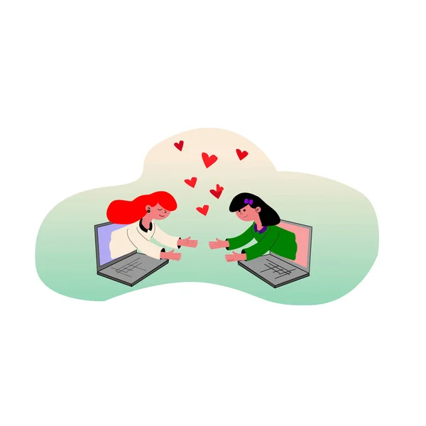 Lesbian Couple Virtual Love Social Distance Relationship Flat Vector Cartoon — Stock Vector