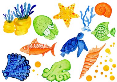 Deniz yıldızı, kabuk, deniz yosunu, ahtapot ve denizanası içeren suluboya bir yaşam kümesi. Parlak mavi, yeşil, sarı ve turuncu renklerle boyanmış.