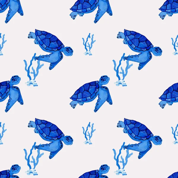 Aquarela Sem Costura Padrão Com Tartaruga Azul Ornamento Geométrico Casca — Fotografia de Stock