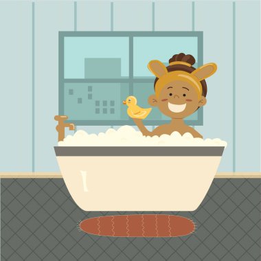 Sarı el bantlı, tavşan kulaklı, elinde sabun köpüğü ve plastik ördekle banyo yapan neşeli bir kızla vektör çizgi filmi. şehir manzaralı yeşil renkli oda ve pencere