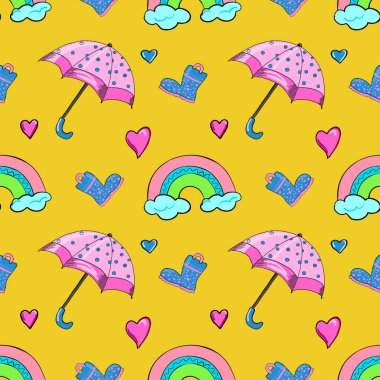 seamless vector pattern with umbrella, rainboots, rainbow and hearts on the yellow background