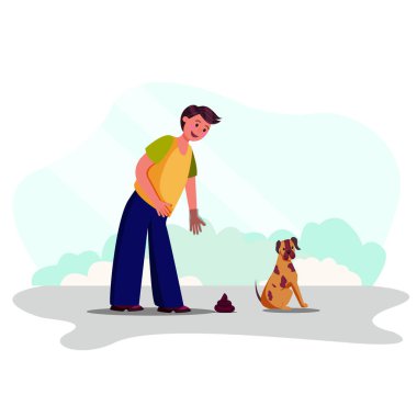 İnsan, köpek vektörü çiziminden sonra dışkısını temizler.