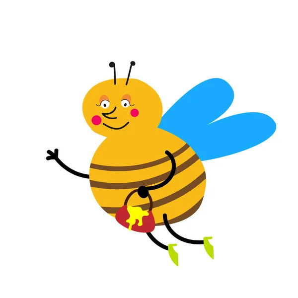 카툰 벌 이 꿀 이 가득 담긴 양동이를 가지고 날아다닌다. — 스톡 벡터