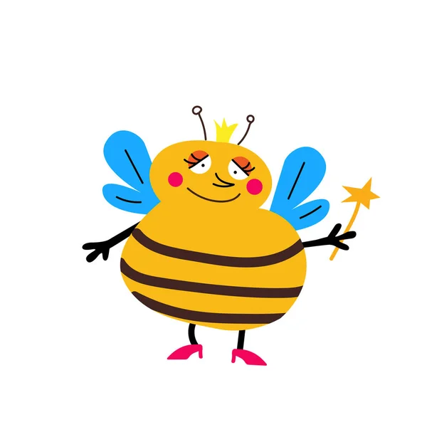 Бджола королева плоский стиль з чарівною паличкою і короною — стоковий вектор