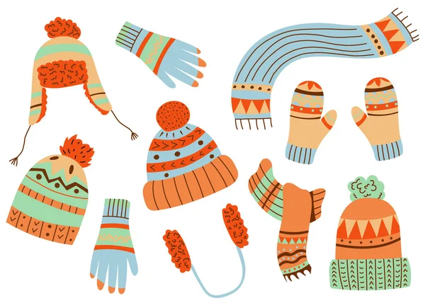 Bonito inverno malha chapéus e luvas, vetor scarfs — Vetor de Stock