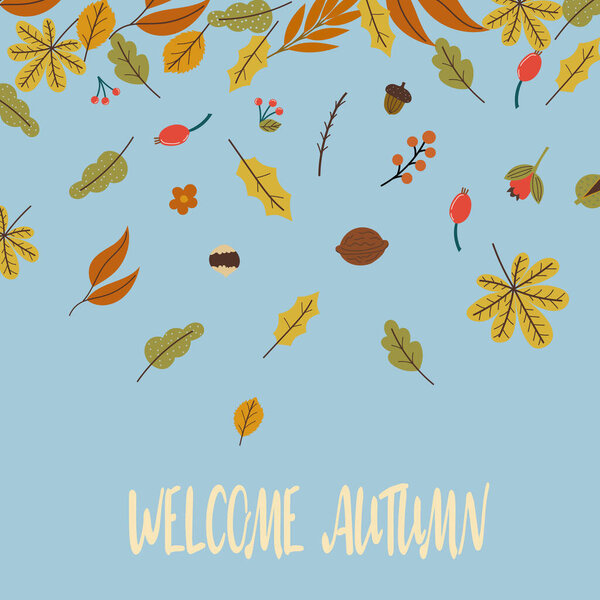 autumn greeting postcard with falling leave vector