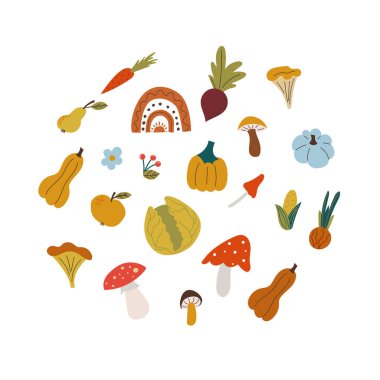 Sonbahar yaprakları, mantarlar, düz stil sebzeler.