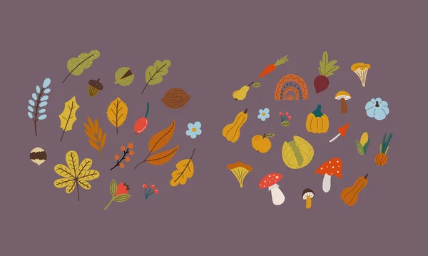 Hojas de otoño, setas, verduras en estilo plano — Archivo Imágenes Vectoriales