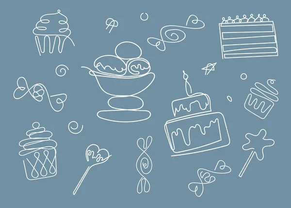 一本の線で描かれたデザートとお菓子. — ストックベクタ