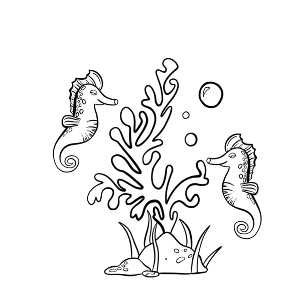 Handgetekende doodle met zeepaardje en laminaria — Stockvector