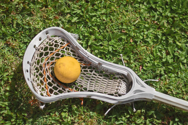 Простой оранжевый мяч для лакросса на траве тренировочной сети