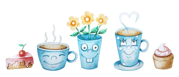 Blue tea set. Cute tea set with funny characters. Teapot, cups, sugar bowl, canfeta, bagels.