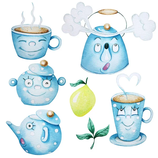 Watercolor blue tea set. Cute tea set with funny characters. Teapot, cups, sugar bowl, canfeta, bagels.