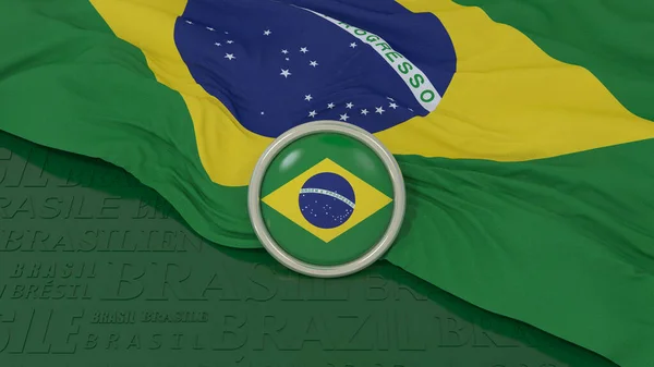 Renderelés Egy Brazil Nemzeti Zászló Fényes Gomb Zöld Háttér — Stock Fotó
