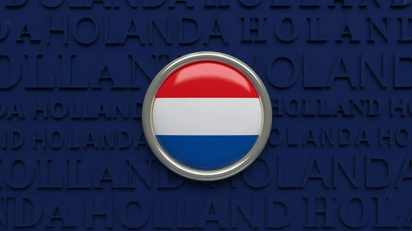 Renderização Uma Bandeira Nacional Holanda Botão Brilhante Sobre Fundo Azul — Fotografia de Stock