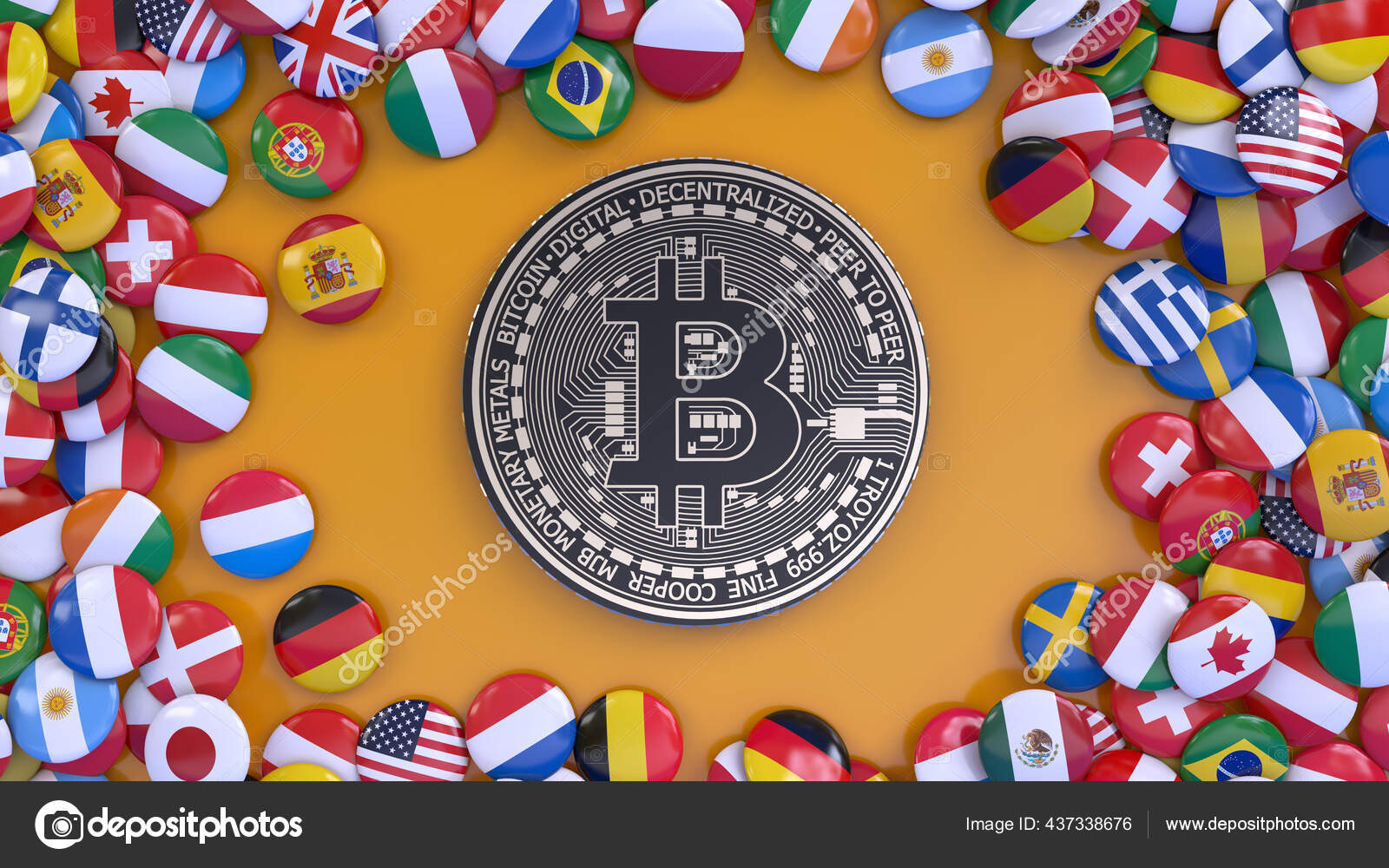 3D渲染的金属比特币周围有许多世界国家的旗帜橙色背景—— 库存社论照片© MMollaretti #437338676