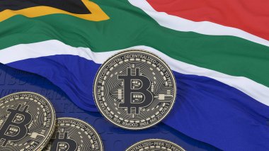 Güney Afrika bayrağı üzerinde metalik bir Bitcoin 'in 3D çizimi