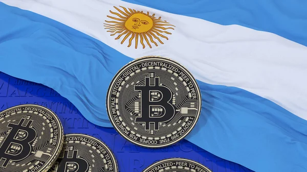 3D在阿根廷国旗上渲染金属比特币 — 图库照片