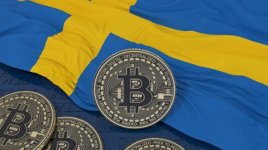 İsveç bayrağı üzerinde metalik bir Bitcoin 'in 3D çizimi
