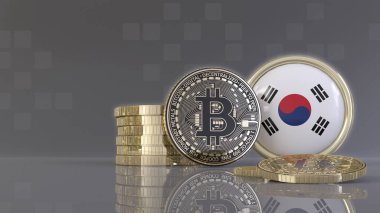 Güney Kore bayrağı taşıyan bir rozetin önünde üç boyutlu metalik Bitcoin çizimi.