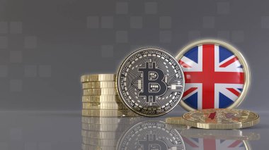 Üzerinde İngiliz bayrağı olan bir rozetin önünde üç boyutlu metalik Bitcoin çizimi