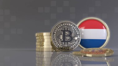 Hollanda bayrağı taşıyan bir rozetin önünde bazı metalik Bitcoin 'lerin 3D çizimi