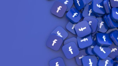 3D birçok facebook kare rozet görüntüleme iover mavi arkaplan
