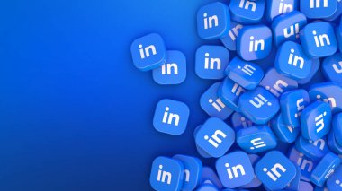 3D rendering a lot of linkedin square badges iover blue background clipart
