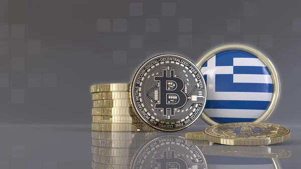 3D-Darstellung einiger metallischer Bitcoins vor einem Abzeichen mit der griechischen Flagge — Stockbild Darstellung Einiger Metallischer Bitcoins Vor Einem Abzeichen Mit Der Griechischen — Stockfoto