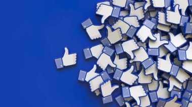 Bir grup facebook 'un 3D görüntülenmesi mavi arkaplan üzerindeki simgeler gibidir