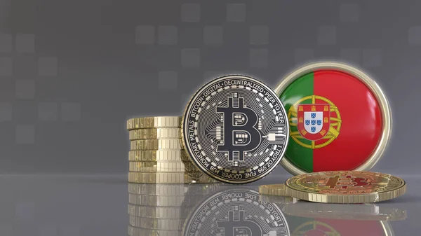 3D-Darstellung einiger metallischer Bitcoins vor einem Abzeichen mit der portugiesischen Flagge — Stockbild Darstellung Einiger Metallischer Bitcoins Vor Einem Abzeichen Mit Der Portugiesischen — Stockfoto