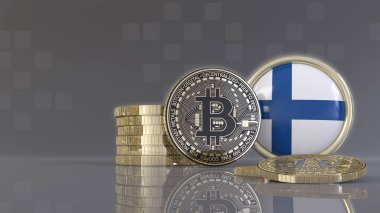 Fin bayrağı taşıyan rozetin önünde bazı metalik Bitcoin 'lerin 3D çizimi