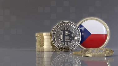 Çek bayrağı taşıyan bir rozetin önünde bazı metalik Bitcoin 'lerin 3D çizimi