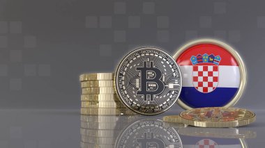 Rozet önünde Hırvat bayrağı taşıyan bazı metalik Bitcoin 'lerin 3D çizimi
